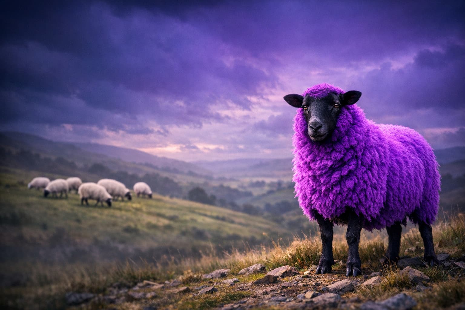 A bold vivid purple sheep standing on the right of a sweeping countryside landscape, with white sheep grazing in the distant background under a dramatic purple-blue sky