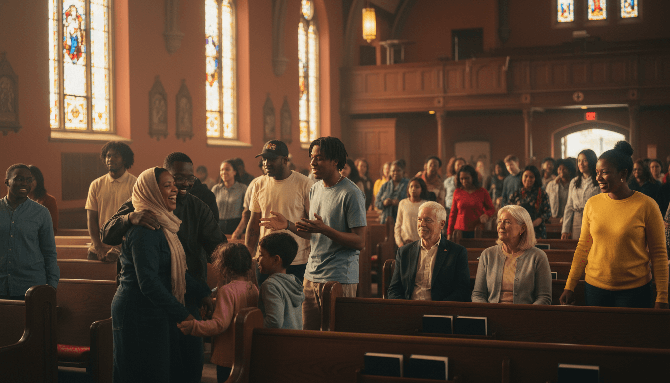 A diverse community gathered together in a church sanctuary during a moment of genuine connection and warmth